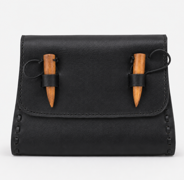 Handcrafted Black Leather Belt Pouch with Double Wooden Toggles